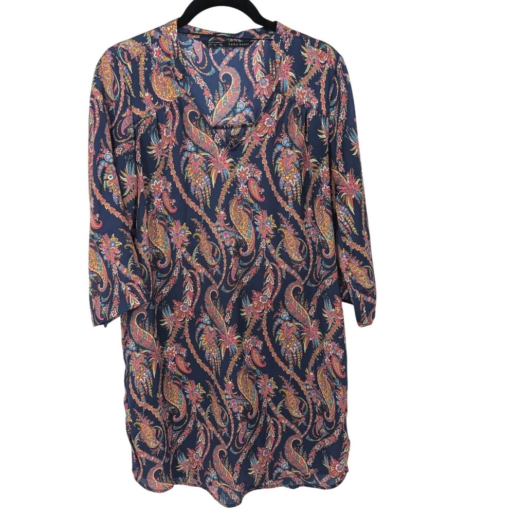 Zara Shift Dress Women Small Navy Blue Paisley Midi Boho Tunic V-Neck Pockets
